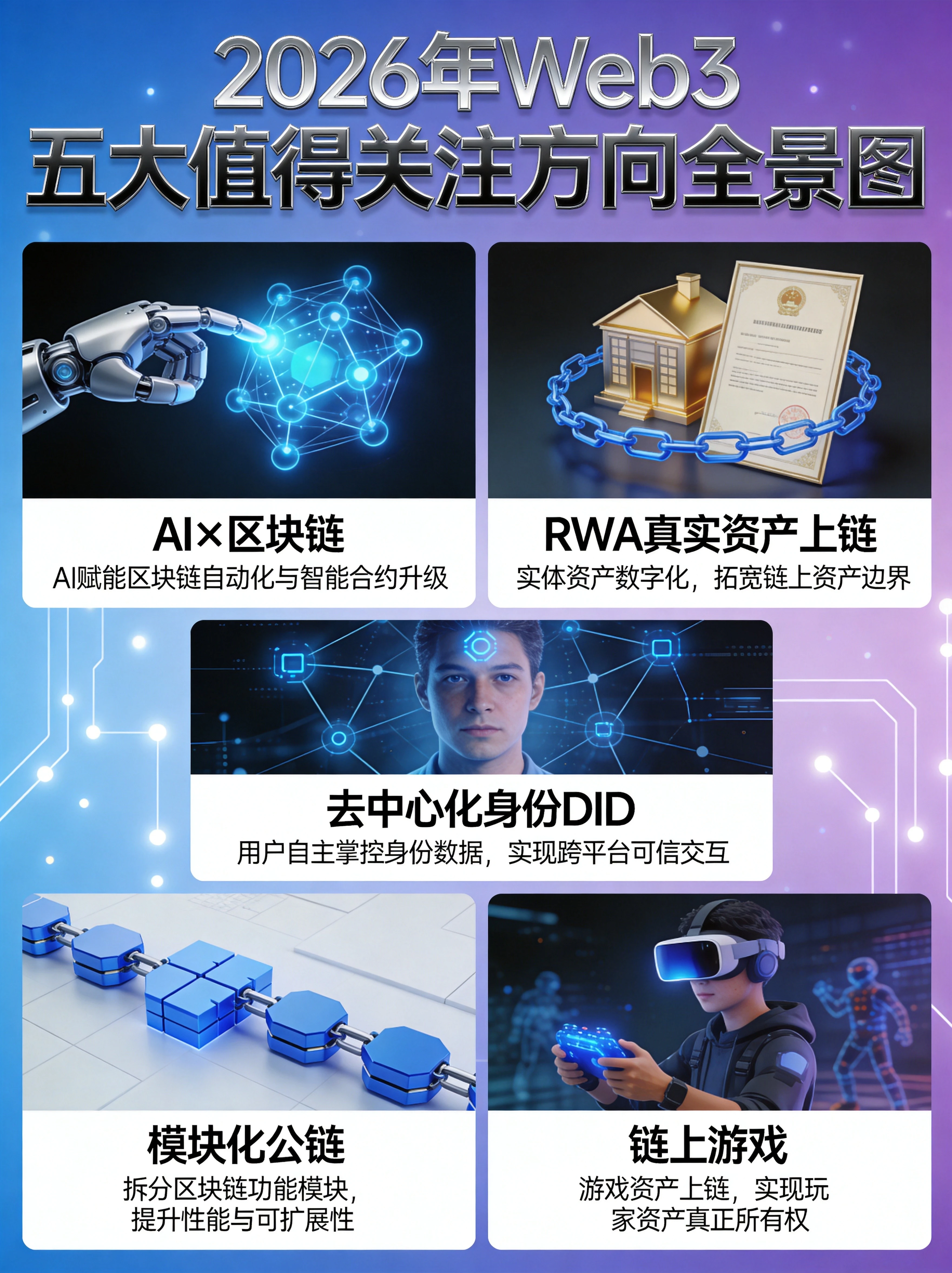 2026年Web3五大核心方向全景图,AI×区块链、RWA资产上链、去中心化身份DID、模块化公链、链上游戏五大赛道可视化 2026年Web3五大核心方向全景图,AI×区块链、RWA资产上链、去中心化身份DID、模块化公链、链上游戏五大赛道可视化