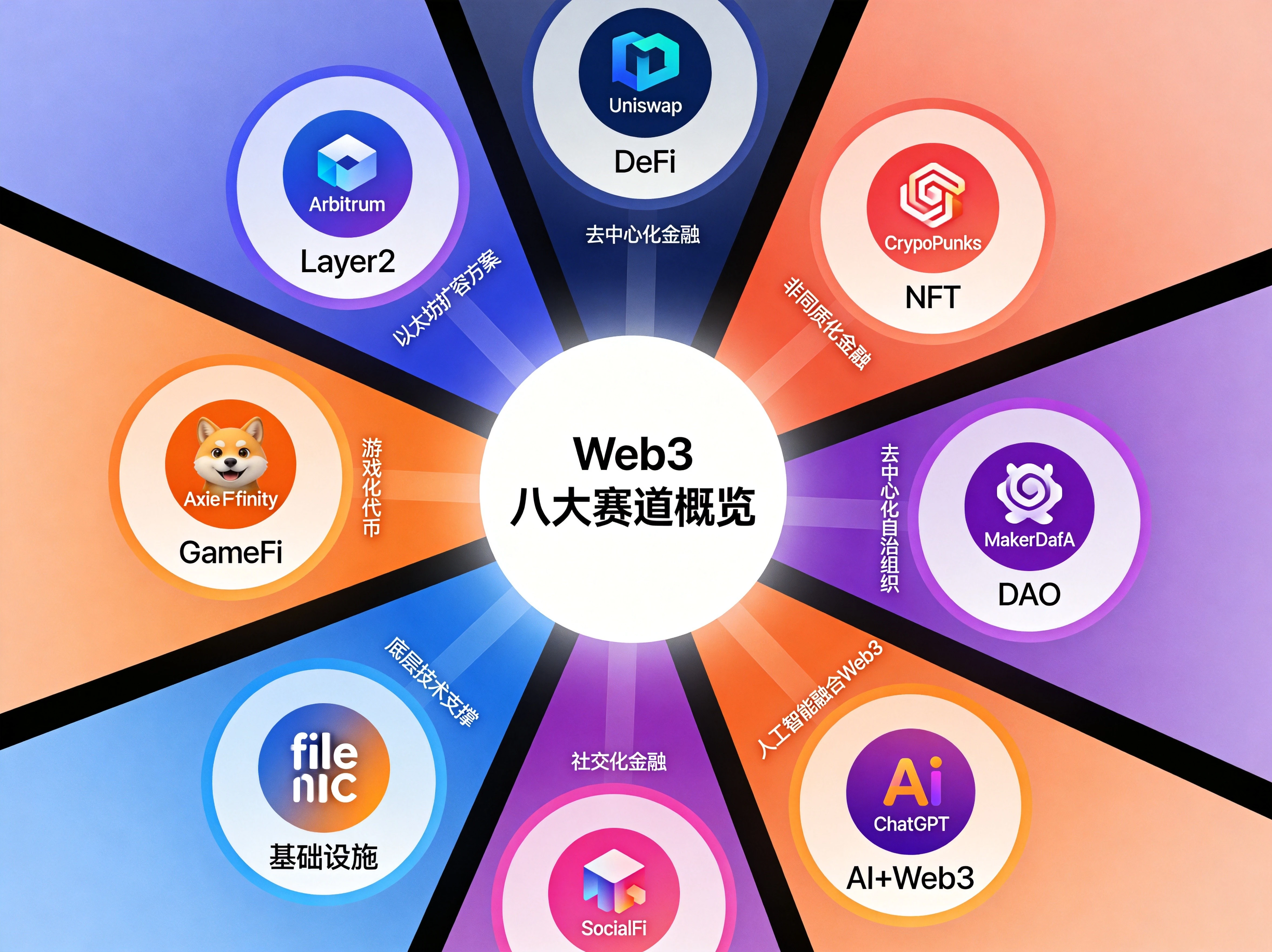 Web3八大赛道概览图,圆形辐射状布局展示Layer2、DeFi、NFT、GameFi、DAO、基础设施、SocialFi、AI+Web3,每个赛道配有代表性项目图标和标签 Web3八大赛道概览图,圆形辐射状布局展示Layer2、DeFi、NFT、GameFi、DAO、基础设施、SocialFi、AI+Web3,每个赛道配有代表性项目图标和标签