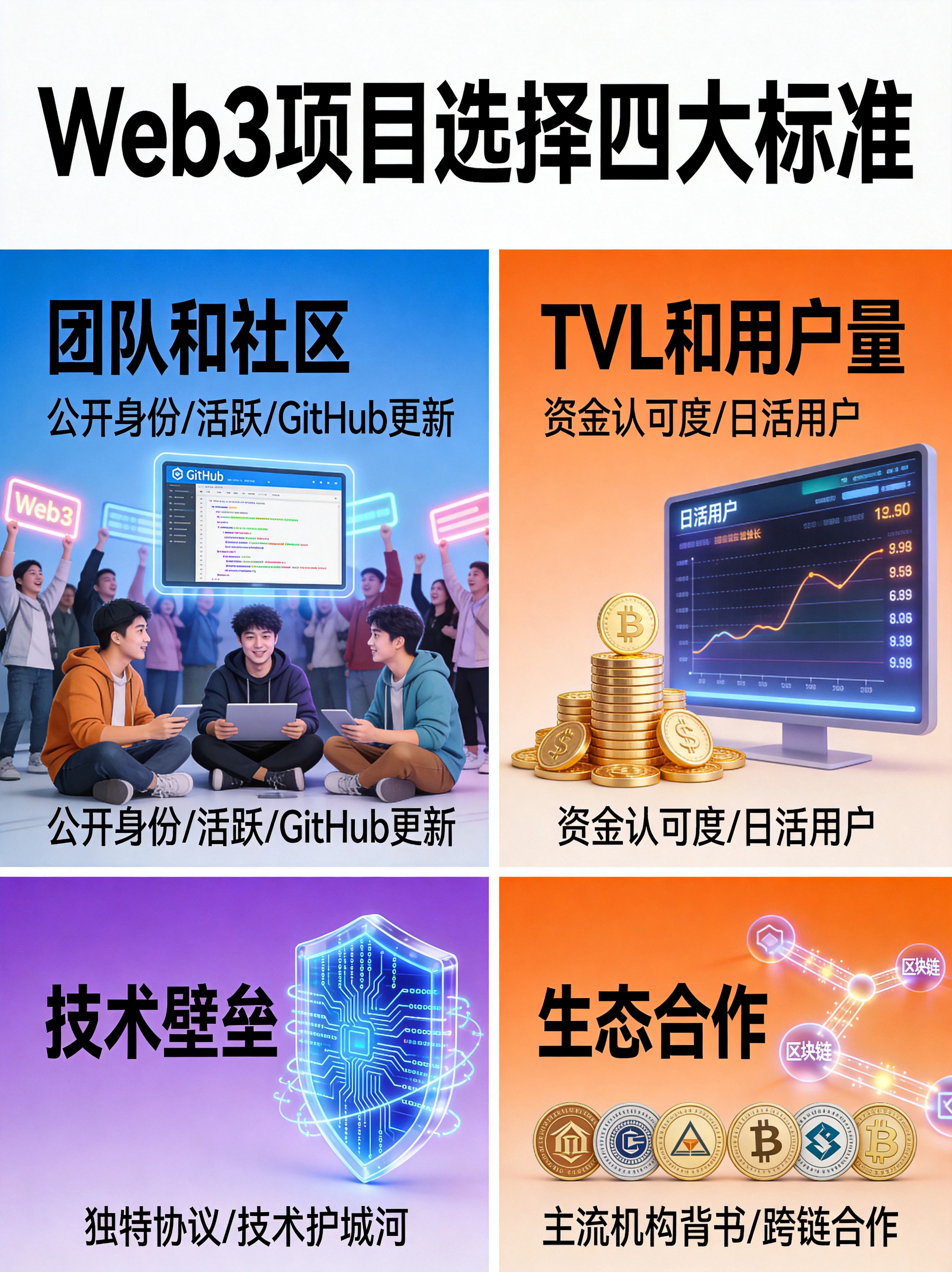 Web3项目选择四大标准图,四象限展示团队和社区(公开身份/活跃/GitHub更新)、TVL和用户量(资金认可度/日活用户)、技术壁垒(独特协议/技术护城河)、生态合作(主流机构背书/跨链合作) Web3项目选择四大标准图,四象限展示团队和社区(公开身份/活跃/GitHub更新)、TVL和用户量(资金认可度/日活用户)、技术壁垒(独特协议/技术护城河)、生态合作(主流机构背书/跨链合作)