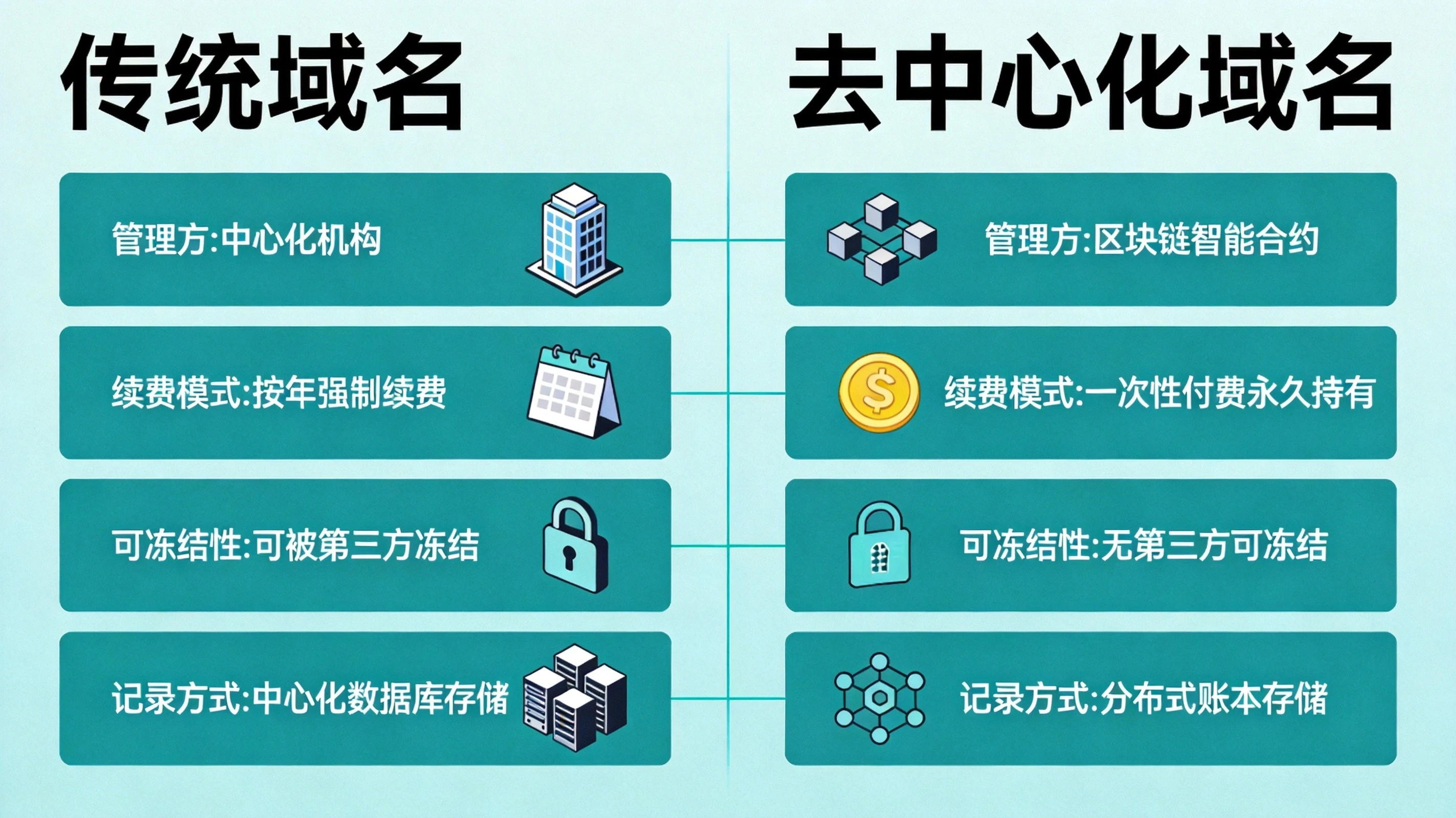 蓝绿色科技风格传统域名与去中心化域名对比信息图，从管理方、续费模式、可冻结性、记录方式四个维度展示核心差异