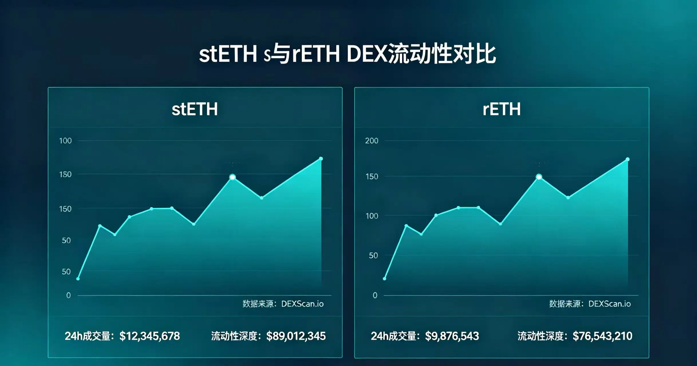 stETH 和 rETH 的 DEX 流动性对比图。 stETH 和 rETH 的 DEX 流动性对比图。