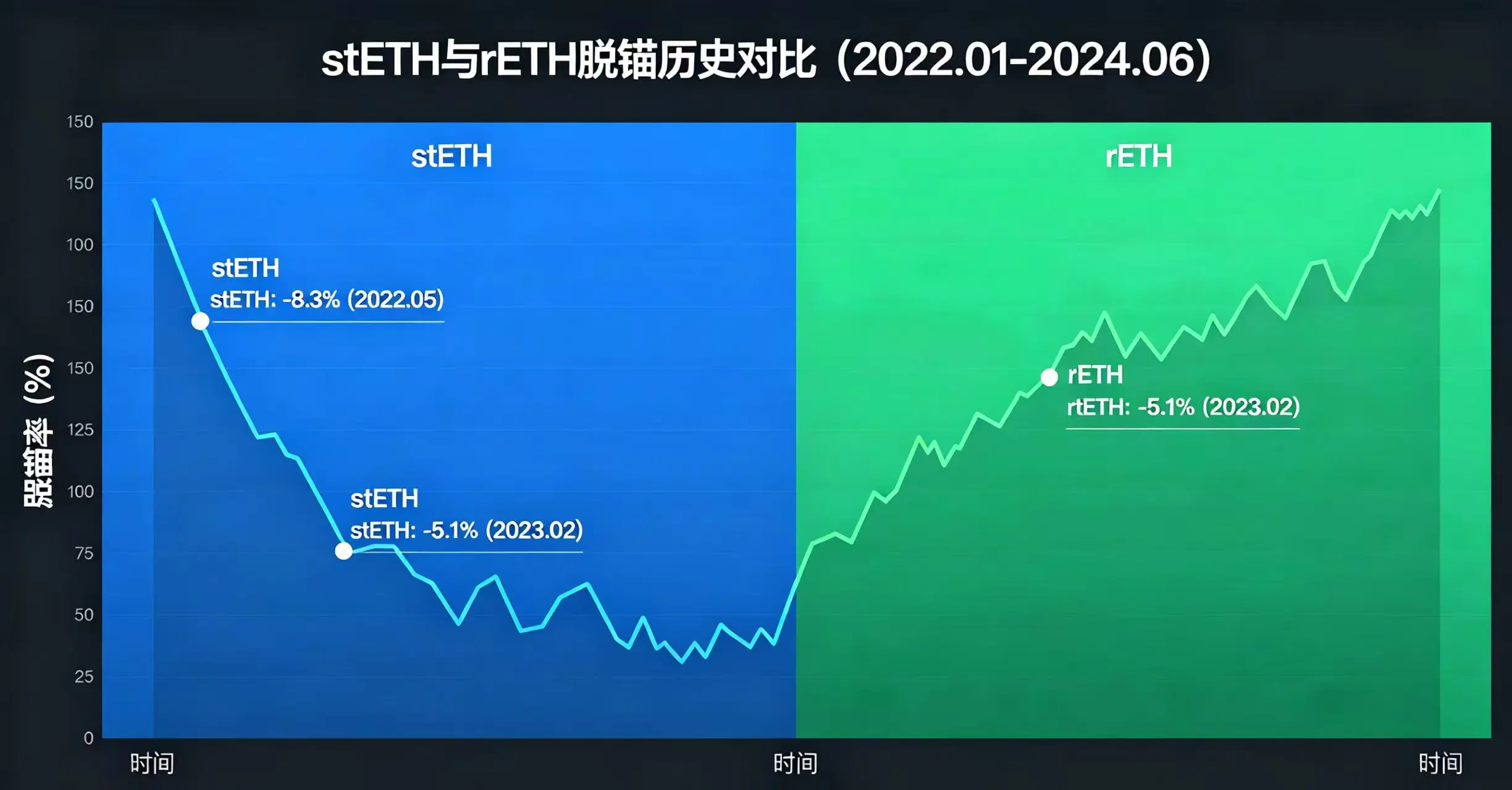 stETH 和 rETH 脱锚历史对比图。 stETH 和 rETH 脱锚历史对比图。
