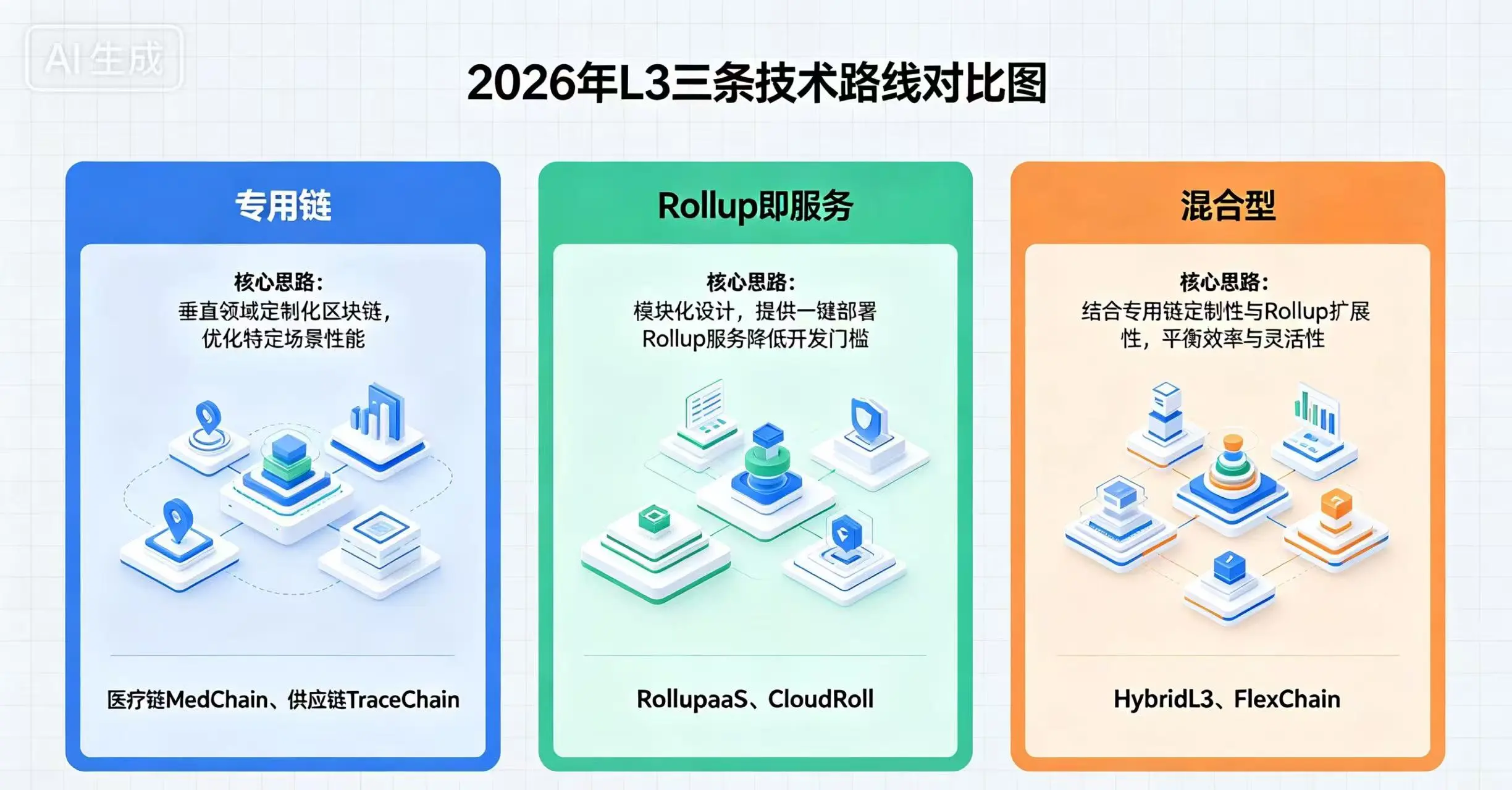 2026 年 L3 三条技术路线对比,呈现专用链、Rollup 即服务和混合型三种路线 2026 年 L3 三条技术路线对比,呈现专用链、Rollup 即服务和混合型三种路线
