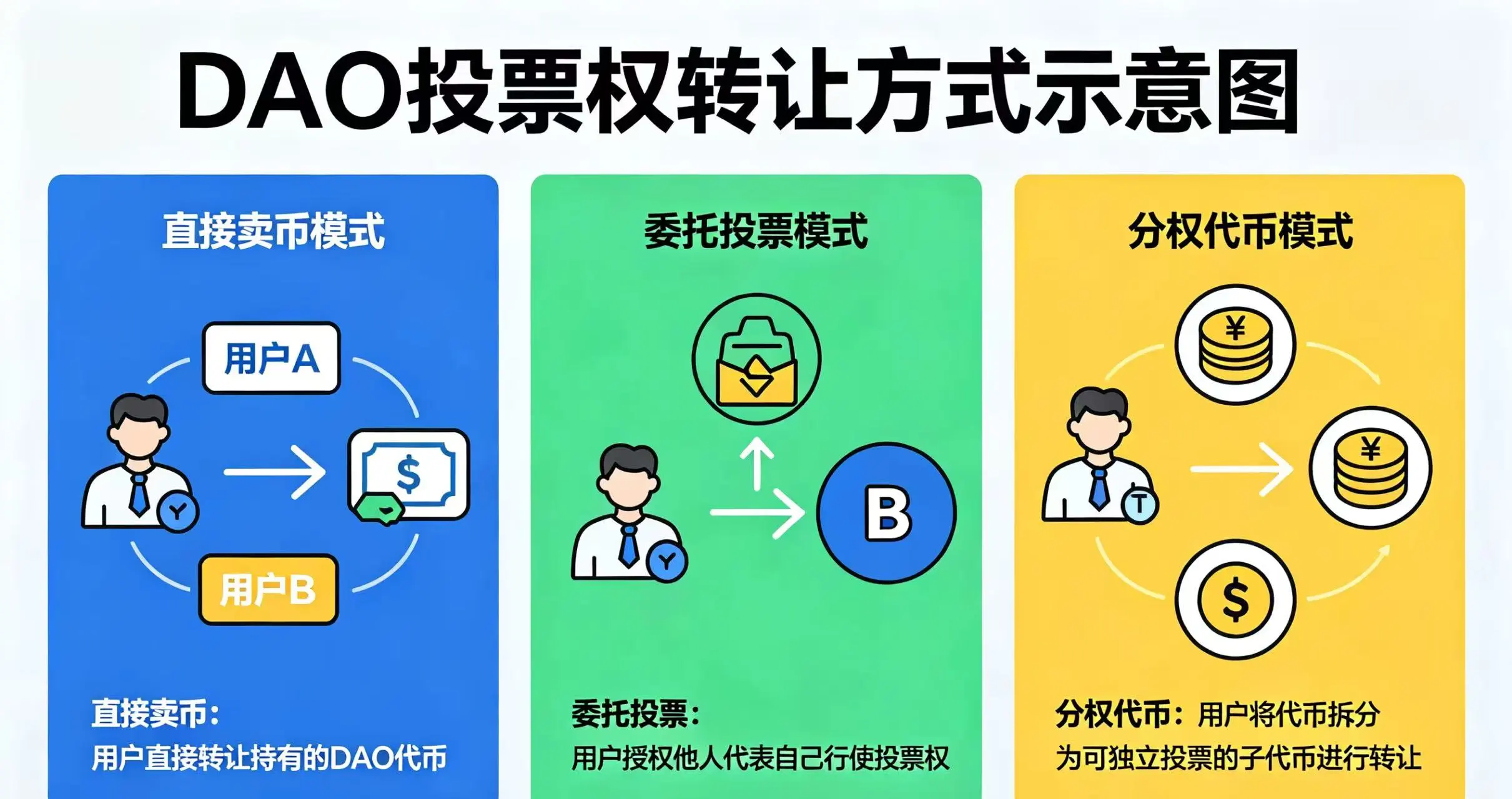 DAO 投票权转让方式示意图,清晰呈现直接卖币、委托投票和分权代币三种模式。 DAO 投票权转让方式示意图,清晰呈现直接卖币、委托投票和分权代币三种模式。