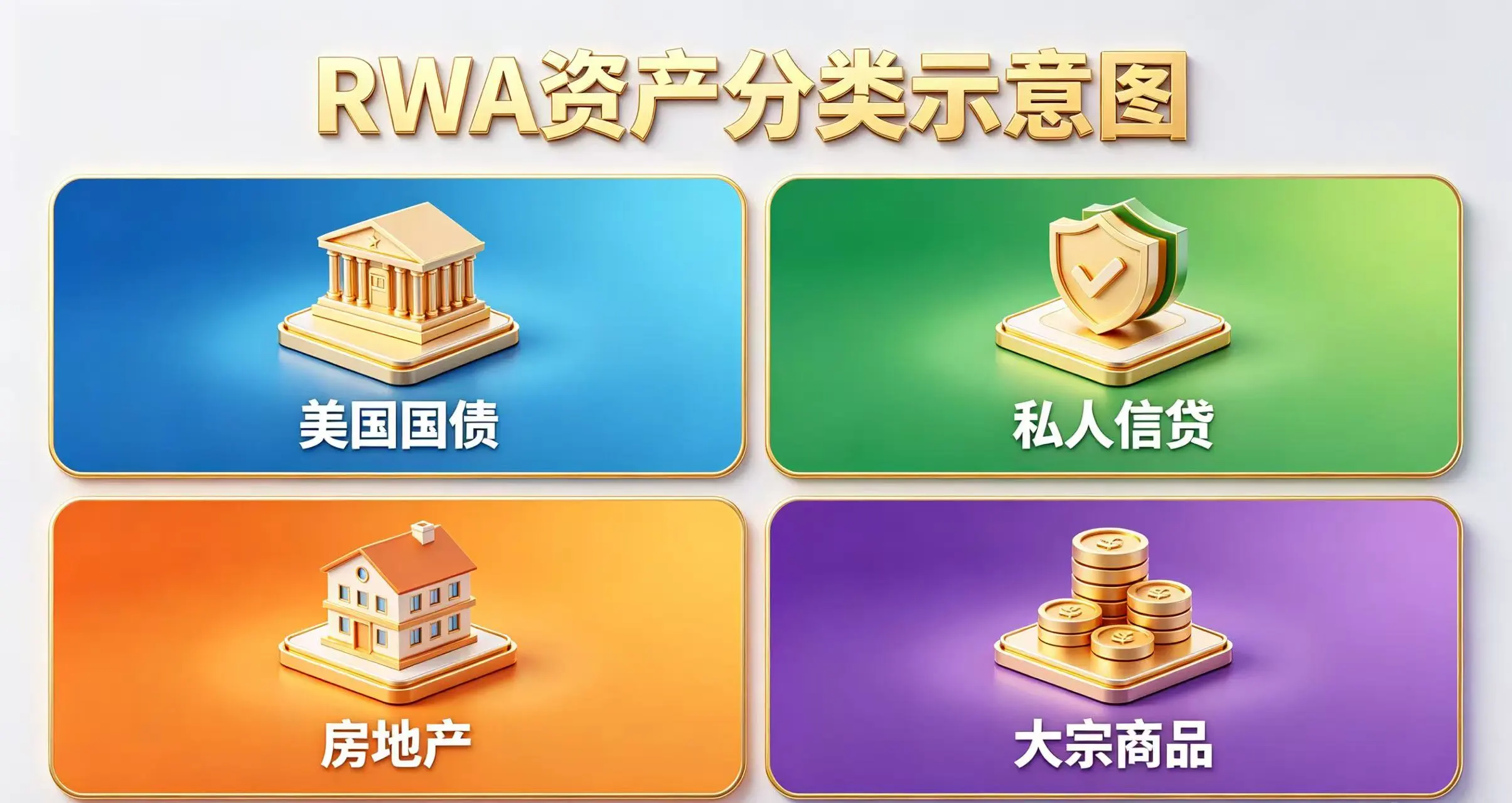 RWA 资产分类示意图，清晰呈现美国国债、私人信贷、房地产、大宗商品等已上链 RWA 资产。