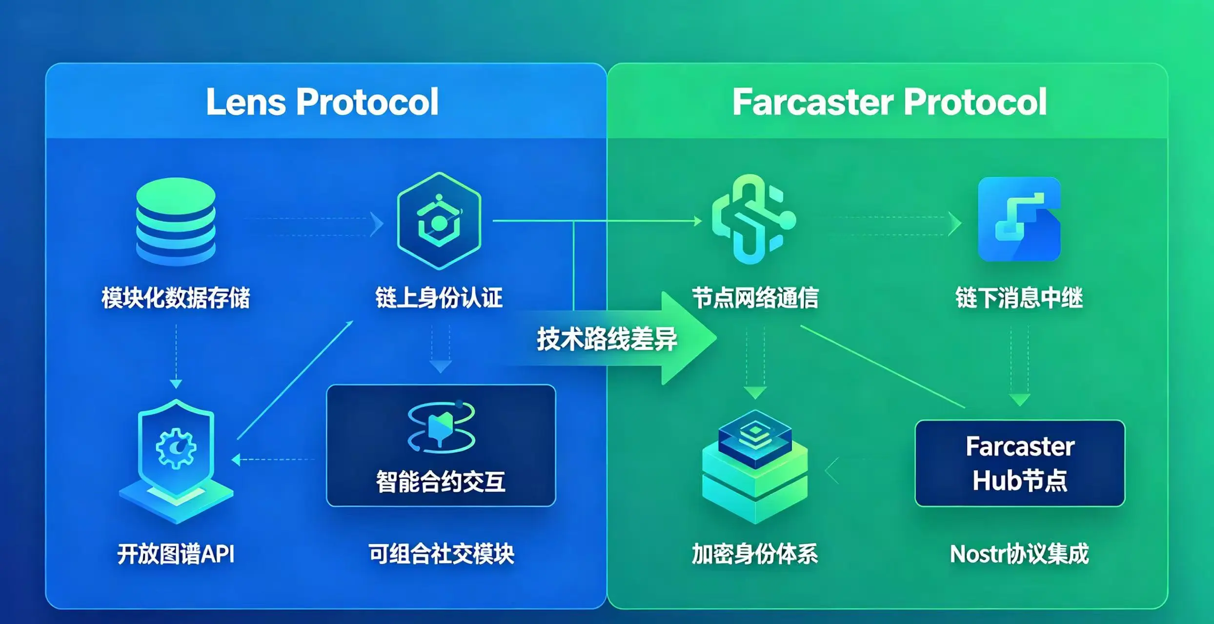 Lens 与 Farcaster 架构对比图,展示两条主流去中心化社交协议的技术路线差异。 Lens 与 Farcaster 架构对比图,展示两条主流去中心化社交协议的技术路线差异。