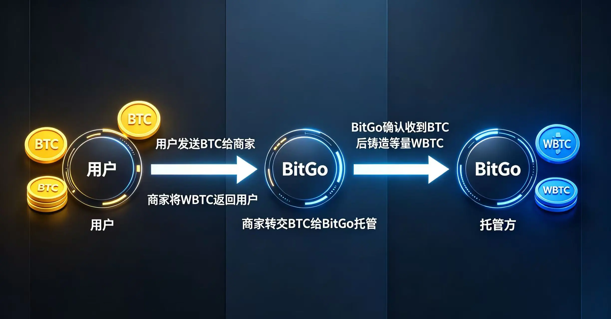 : 展示用户、商家、托管方(BitGo)三者之间,从用户存入 BTC 到最终收到 WBTC 的完整流程示意图。 : 展示用户、商家、托管方(BitGo)三者之间,从用户存入 BTC 到最终收到 WBTC 的完整流程示意图。