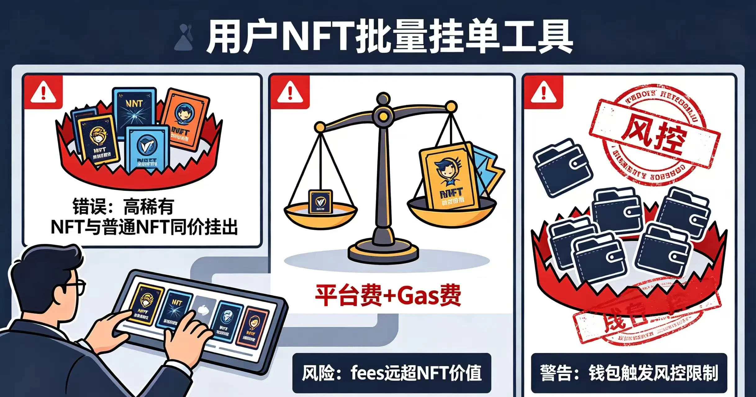 用户在使用批量挂单工具时,面临着三个红色陷阱:高稀有度 NFT 被低价挂出、高昂的平台费和 Gas 费、多钱包被风控。 用户在使用批量挂单工具时,面临着三个红色陷阱:高稀有度 NFT 被低价挂出、高昂的平台费和 Gas 费、多钱包被风控。