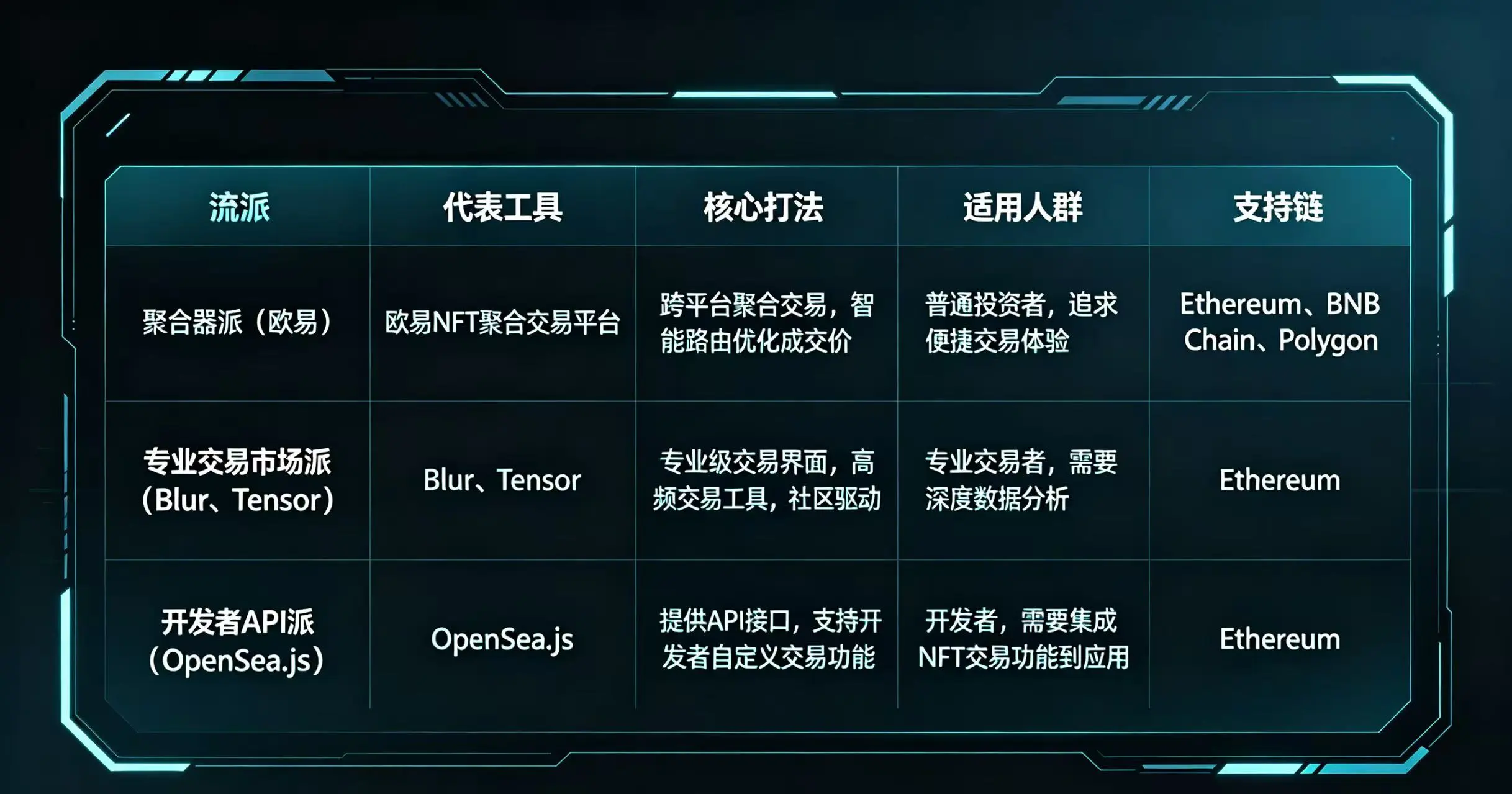 对比聚合器派、专业交易市场派、开发者 API 派的代表工具、核心打法、适用人群及支持链的表格。 对比聚合器派、专业交易市场派、开发者 API 派的代表工具、核心打法、适用人群及支持链的表格。