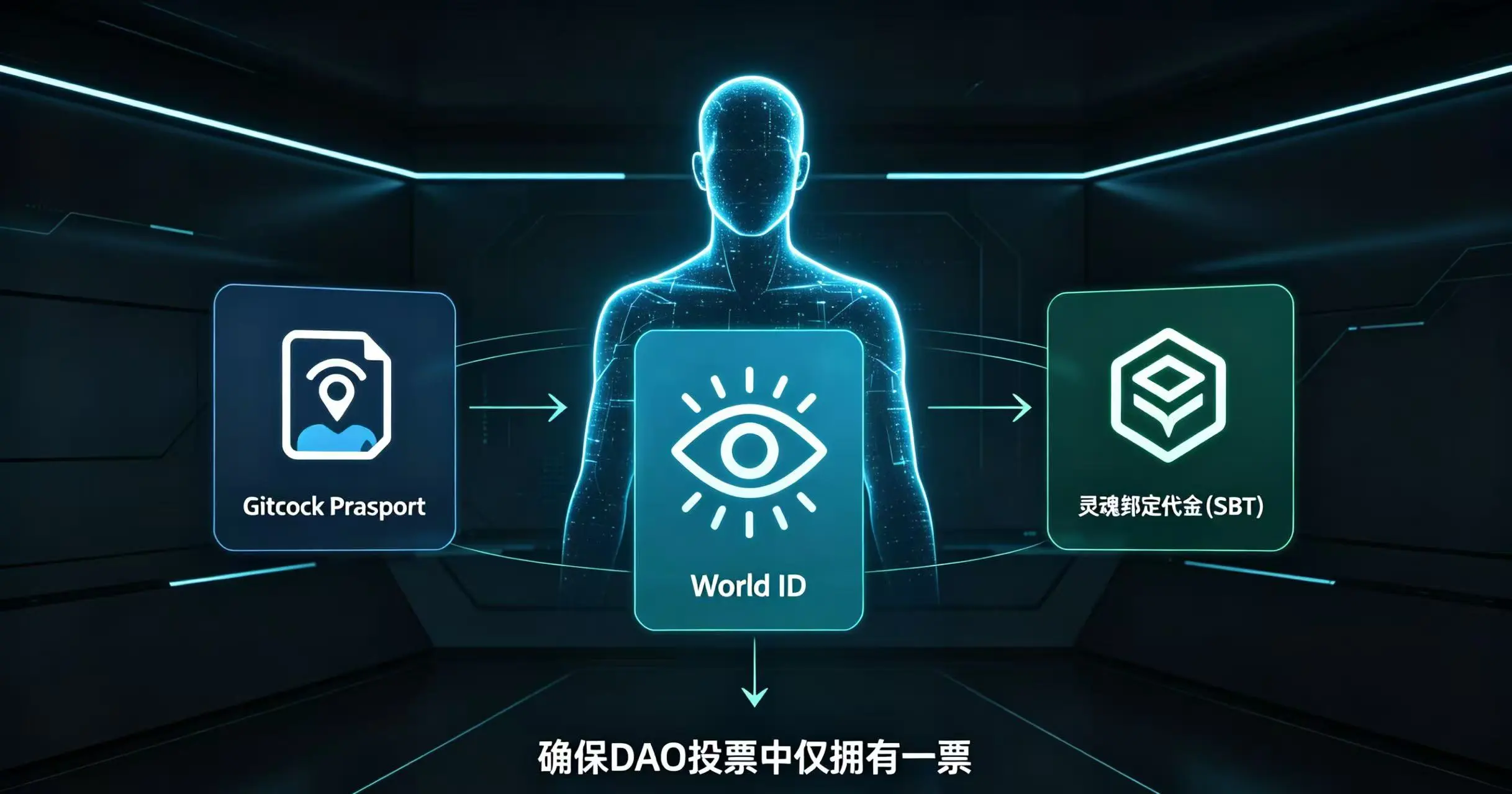 一个用户的数字身份通过 Gitcoin Passport、World ID 虹膜扫描和灵魂绑定代币(SBT)等多种凭证进行唯一标识,确保其在 DAO 投票中只能拥有一票。 一个用户的数字身份通过 Gitcoin Passport、World ID 虹膜扫描和灵魂绑定代币(SBT)等多种凭证进行唯一标识,确保其在 DAO 投票中只能拥有一票。
