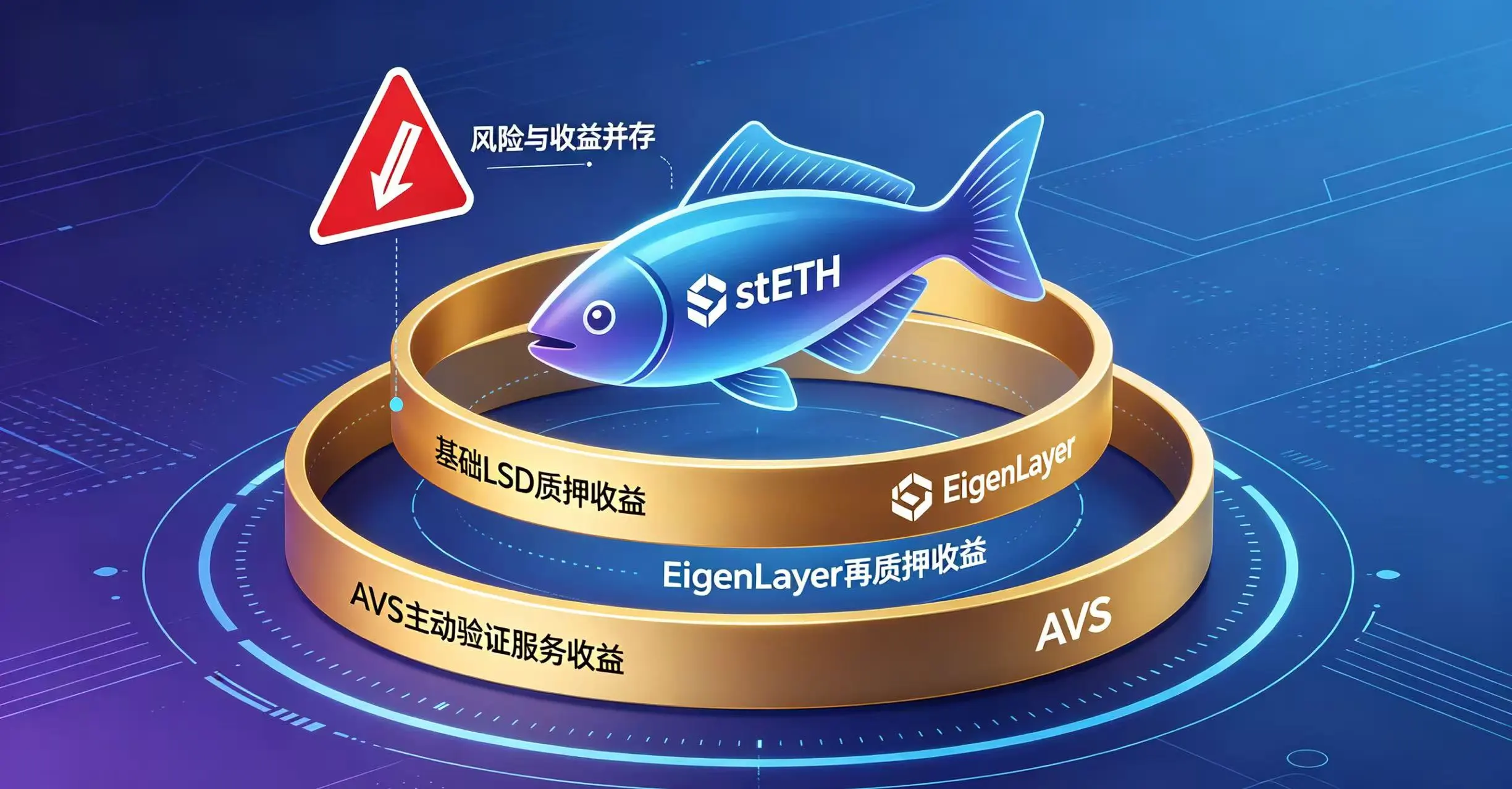 一条标有 “stETH” 的鱼被三个金色收益环围绕。 一条标有 “stETH” 的鱼被三个金色收益环围绕。