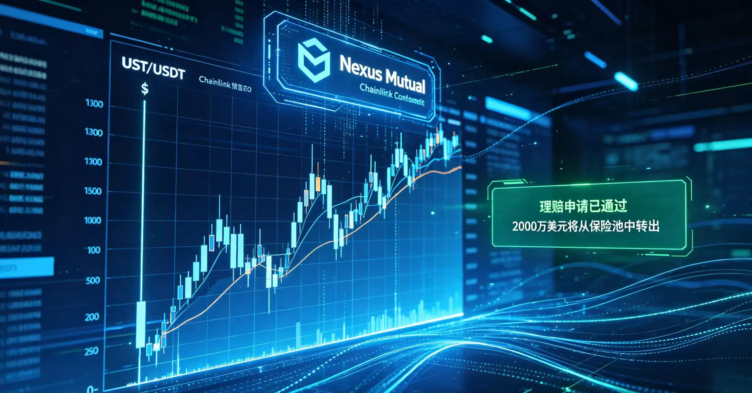 UST 价格 K 线图暴跌,Nexus Mutual 智能合约读取预言机数据并批准理赔的示意图。 UST 价格 K 线图暴跌,Nexus Mutual 智能合约读取预言机数据并批准理赔的示意图。