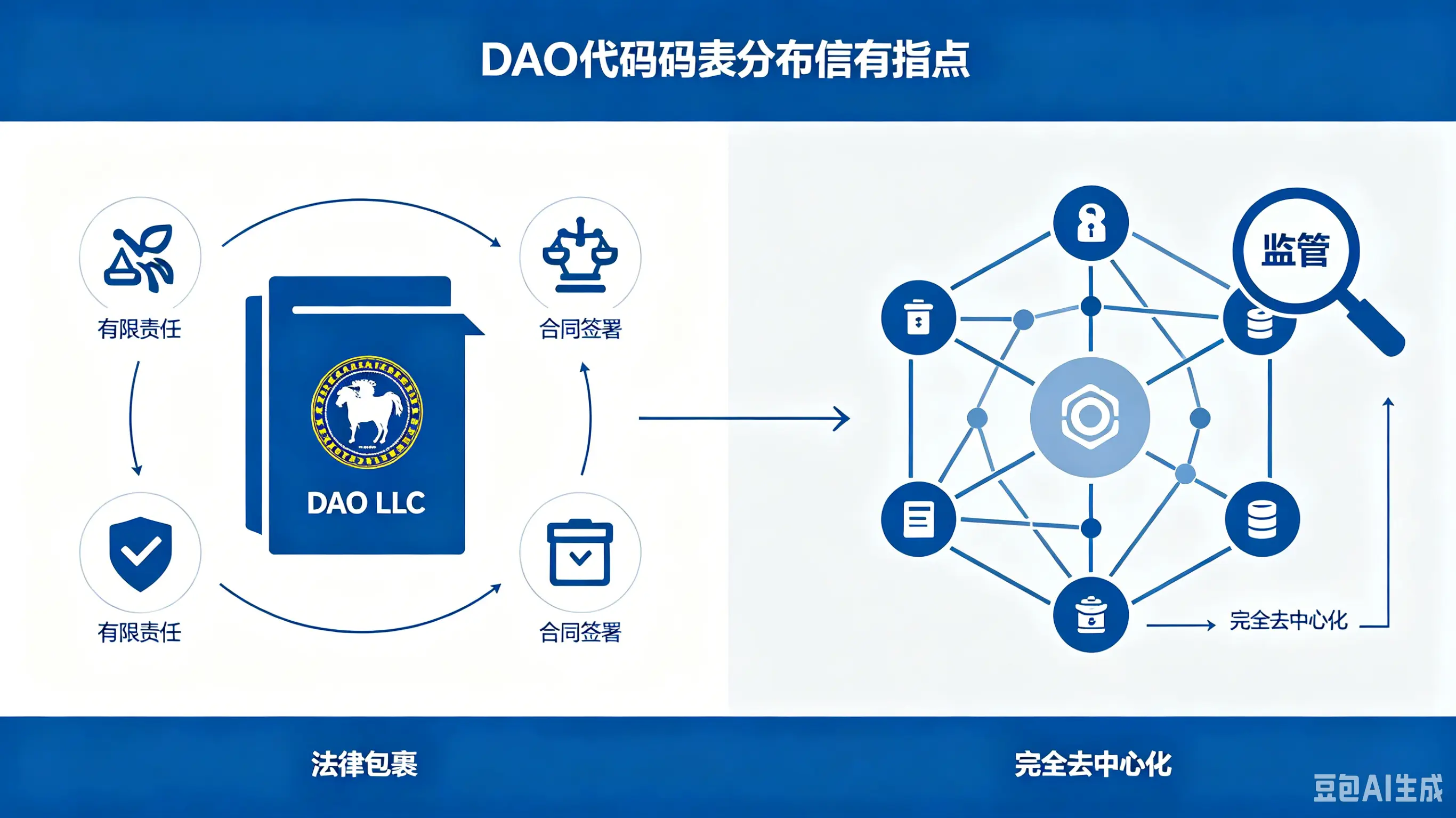 对比展示了 “法律包裹”(如 DAO LLC)和 “完全去中心化” 两种不同路径及其特点。 对比展示了 “法律包裹”(如 DAO LLC)和 “完全去中心化” 两种不同路径及其特点。