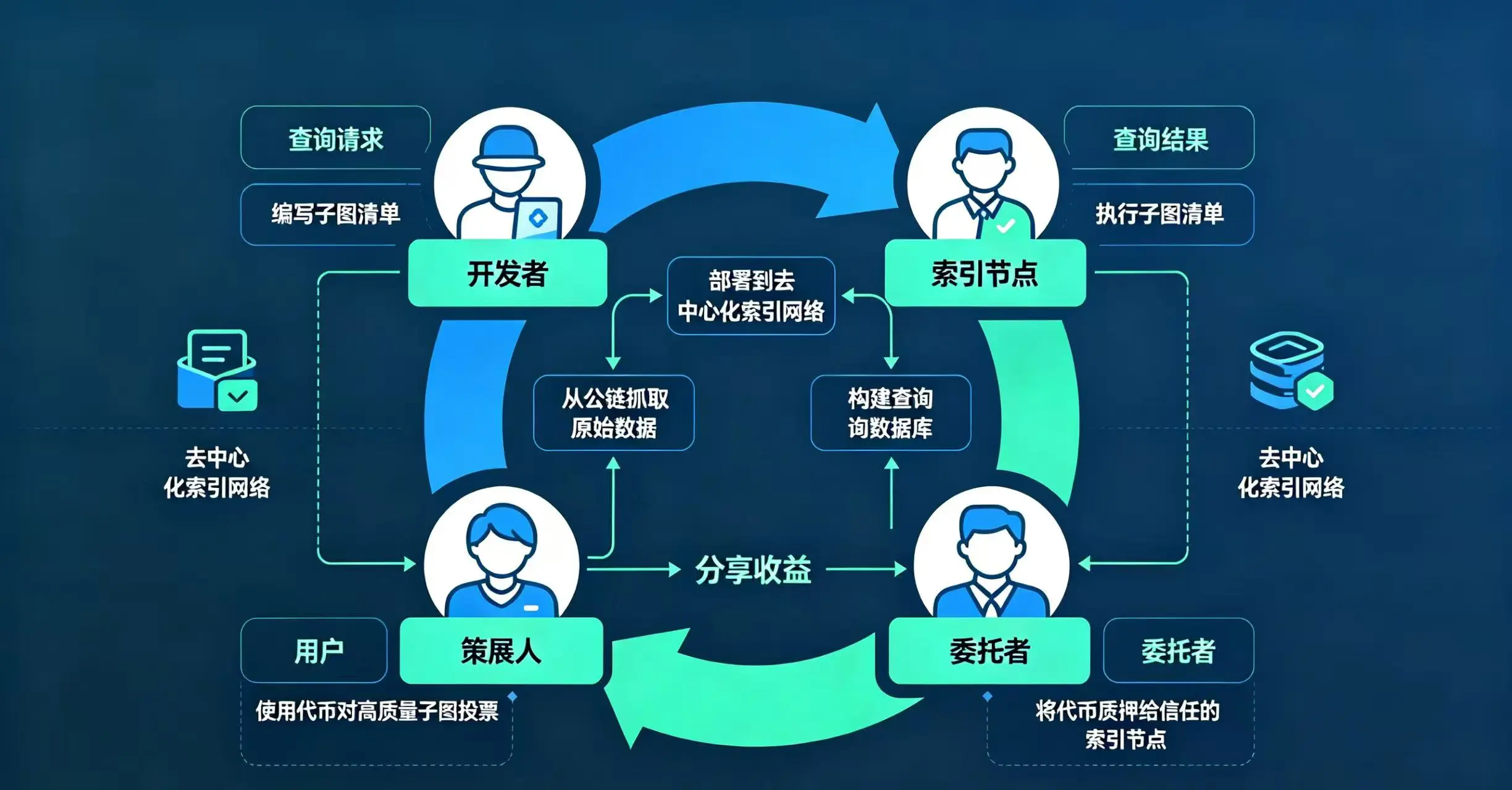 去中心化索引网络角色与经济循环示意图 去中心化索引网络角色与经济循环示意图