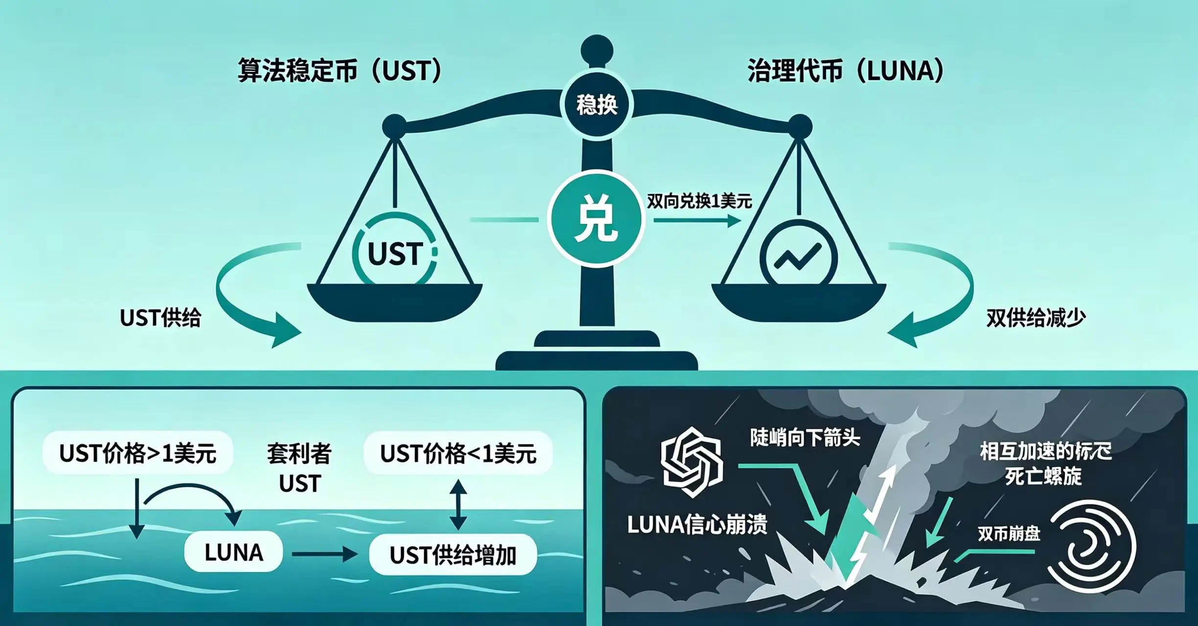 算法稳定币双币模型与死亡螺旋示意图