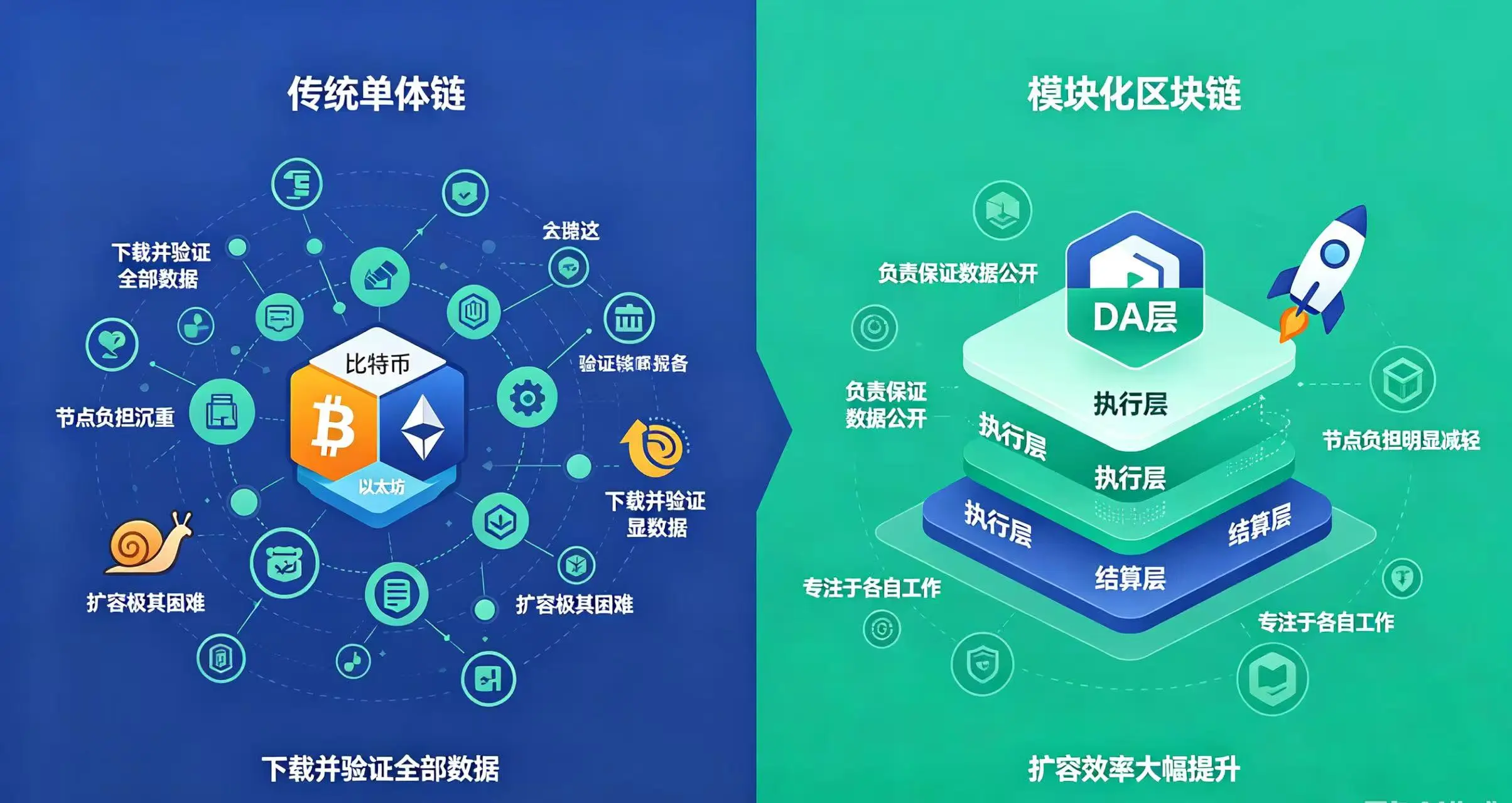 传统单体链与模块化区块链对比图
