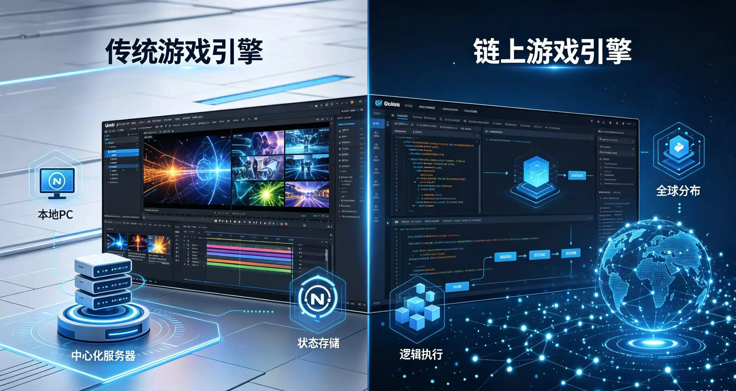 画面一分为二,左边是传统游戏引擎,突出图形渲染和本地服务器;右边是链上游戏引擎,突出状态存储、逻辑执行和全球分布式节点网络。 画面一分为二,左边是传统游戏引擎,突出图形渲染和本地服务器;右边是链上游戏引擎,突出状态存储、逻辑执行和全球分布式节点网络。