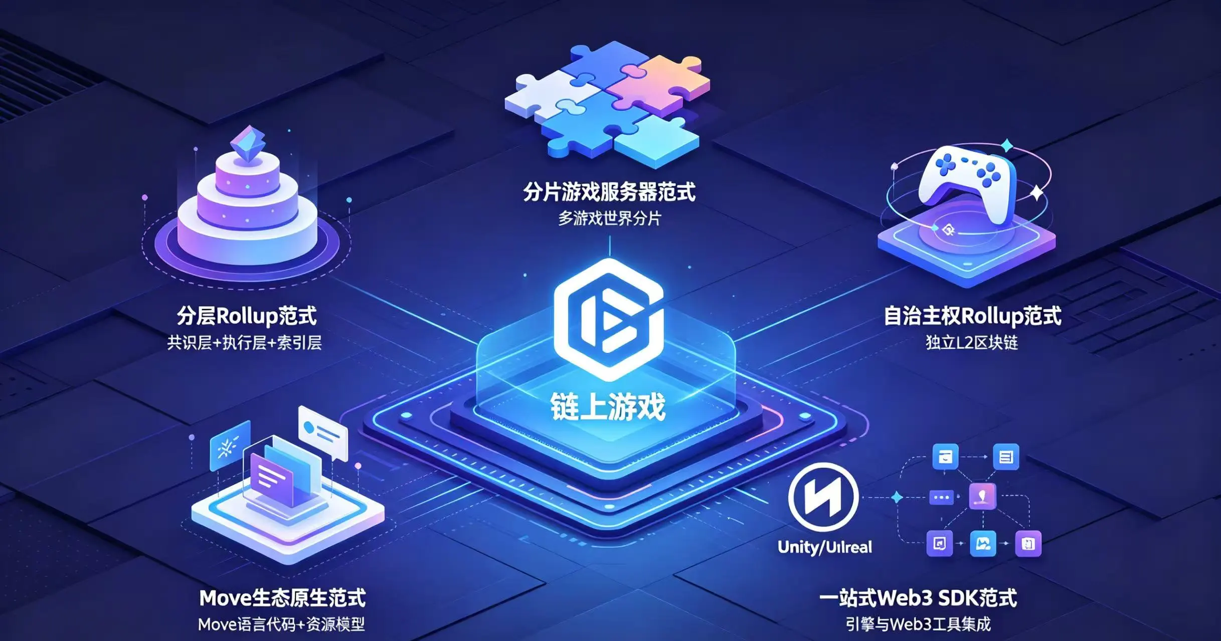 画面中心是 “链上游戏” 图标,周围环绕着五个代表不同架构路线的符号:分层 Rollup 的三层蛋糕图、分片服务器的拼图、主权 Rollup 的独立 L2 链、Web3 SDK 的引擎集成图、Move 生态的代码模块图。 画面中心是 “链上游戏” 图标,周围环绕着五个代表不同架构路线的符号:分层 Rollup 的三层蛋糕图、分片服务器的拼图、主权 Rollup 的独立 L2 链、Web3 SDK 的引擎集成图、Move 生态的代码模块图。