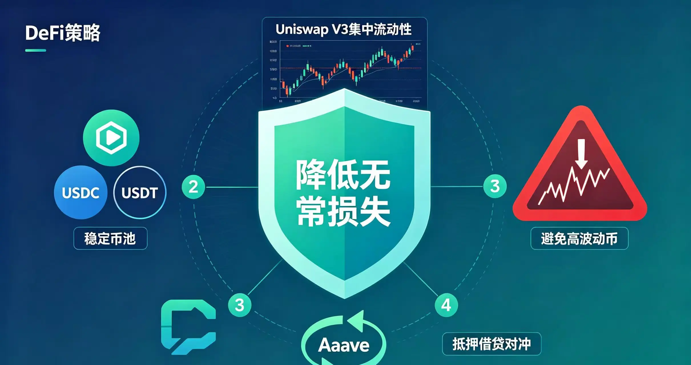 画面中心是一个写着 “降低无常损失” 的盾牌图标，周围环绕着四个策略符号：稳定币池（USDC/USDT）、Uniswap V3 集中流动性（带区间的 K 线图）、避免高波动币（红色警告标志）、抵押借贷对冲（借贷协议图标和循环箭头）。