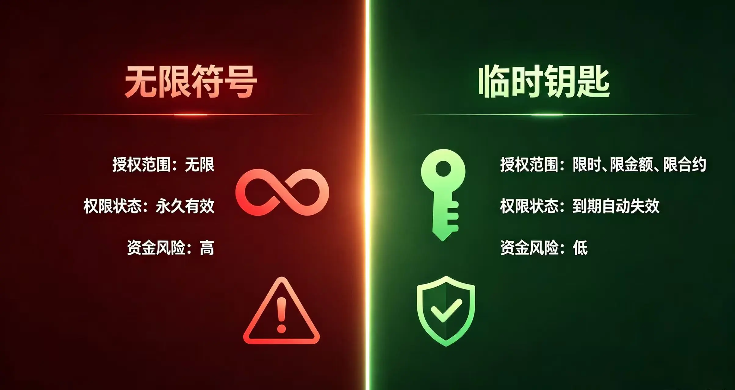 “传统无限授权” 和 “会话密钥有限授权” 在 “授权范围”、“权限状态” 和 “资金风险” 三个关键维度上的不同