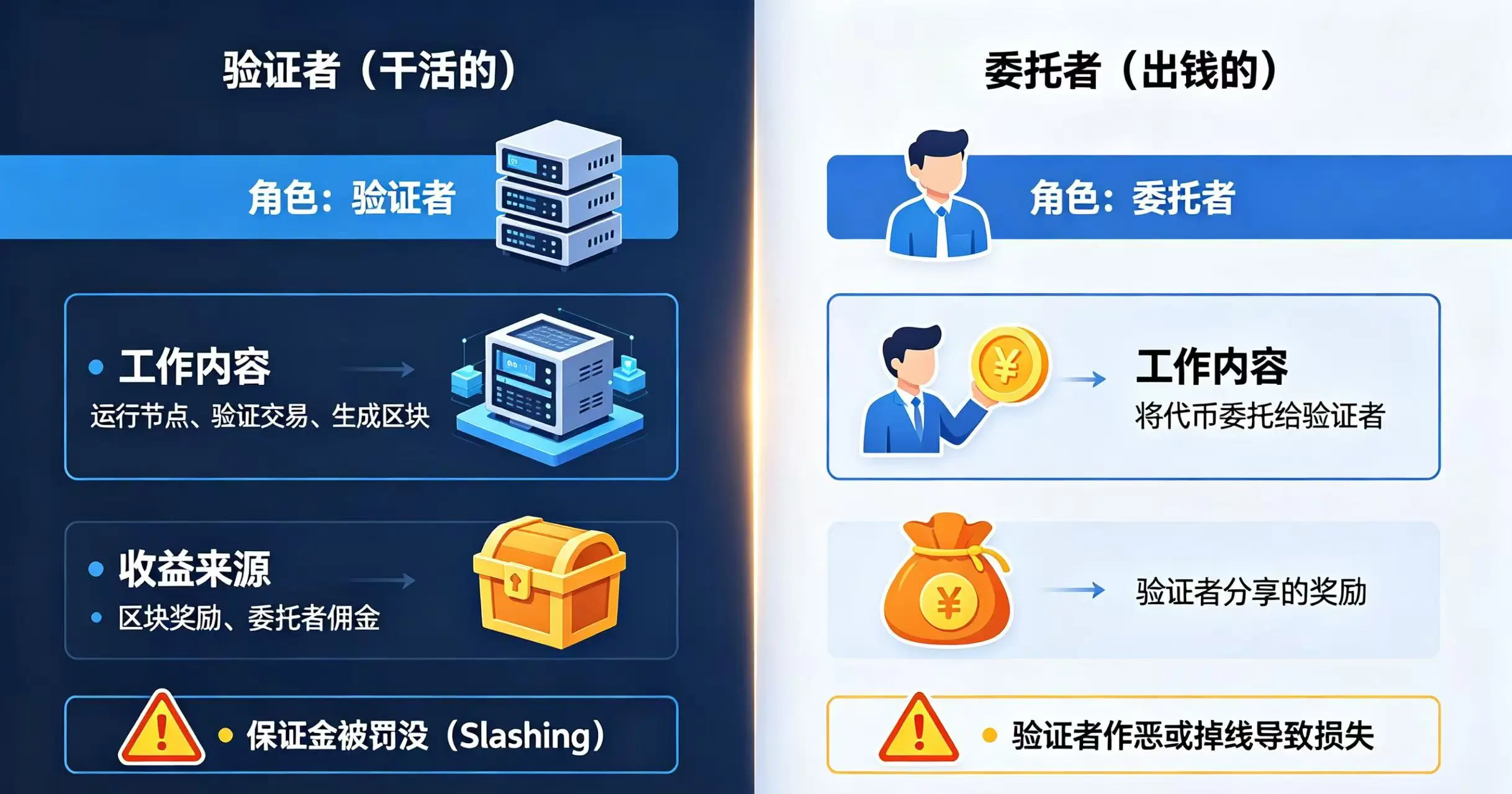 “验证者” 和 “委托者” 这两个角色在 “工作内容”、“收益来源” 和 “风险” 三个关键维度上的不同 “验证者” 和 “委托者” 这两个角色在 “工作内容”、“收益来源” 和 “风险” 三个关键维度上的不同